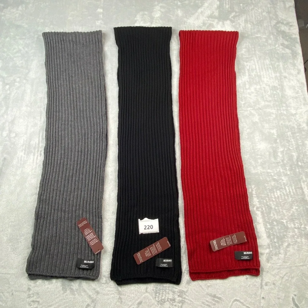 Murano Extra Fine Merino Wool Ribbed Knit Scarf Bundle 3 Pack Black Grey Red NEW